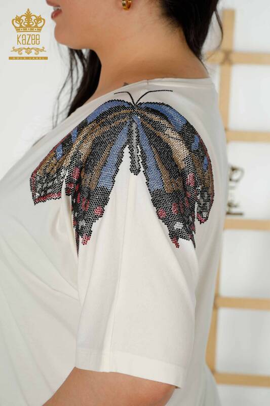 Wholesale Women's Blouse Butterfly Patterned Ecru - 79154 | KAZEE