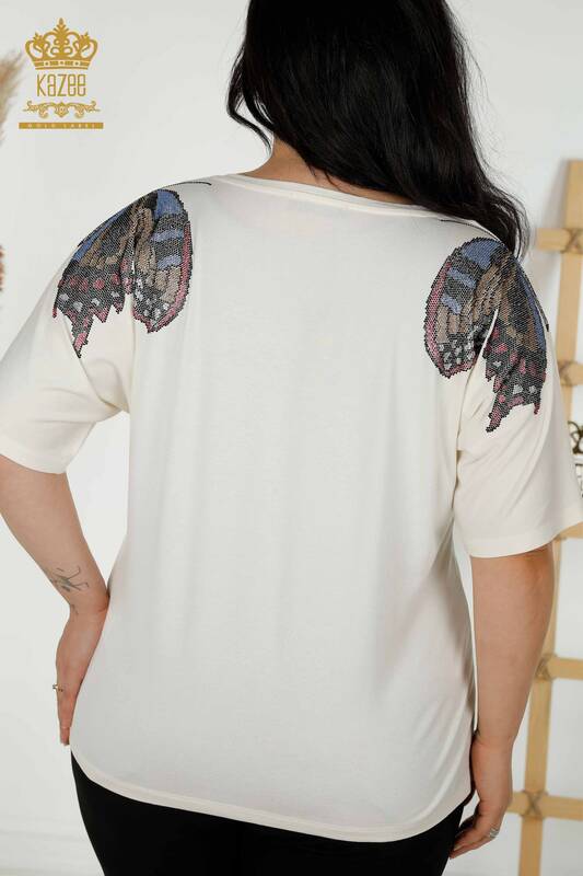 Wholesale Women's Blouse Butterfly Patterned Ecru - 79154 | KAZEE