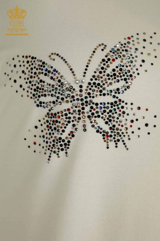 Wholesale Women's Blouse - Butterfly Pattern - Ecru - 79364 | KAZEE