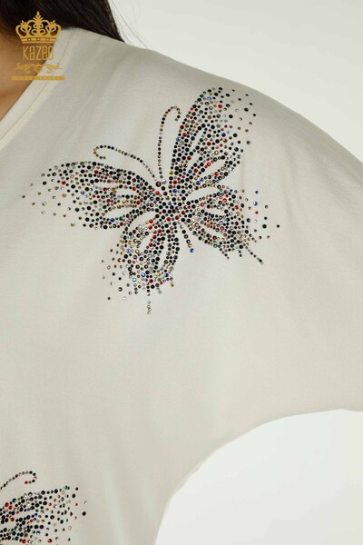 Wholesale Women's Blouse - Butterfly Pattern - Ecru - 79364 | KAZEE - Thumbnail