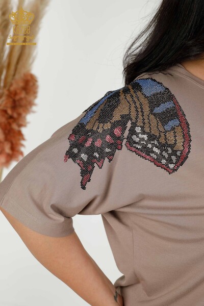 Wholesale Women's Blouse Butterfly Patterned Mink - 79154 | KAZEE - Thumbnail