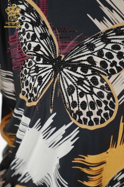 Wholesale Women's Blouse - Butterfly Pattern - Navy Blue - 12051 | KAZEE - Thumbnail
