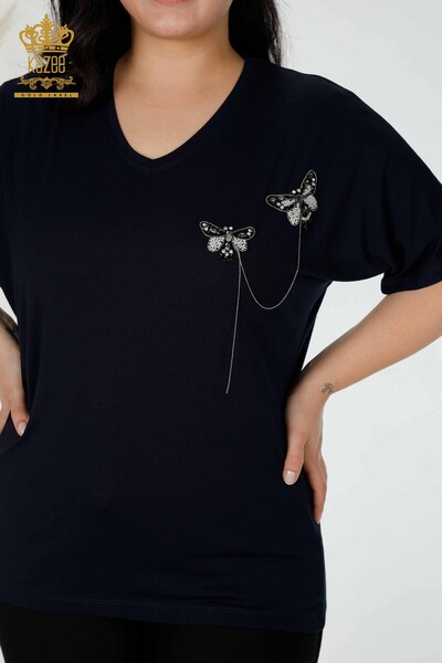 Wholesale Women's Blouse Butterfly Patterned Navy - 78933 | KAZEE - Thumbnail