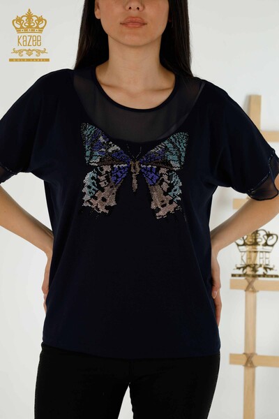 Wholesale Women's Blouse - Butterfly Pattern - Navy Blue - 79103 | KAZEE - Thumbnail