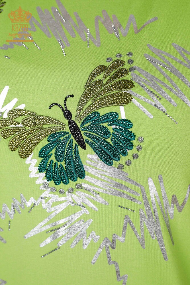 Wholesale Women's Blouse Butterfly Pattern Pistachio Green - 78926 | KAZEE - 3