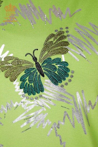 Wholesale Women's Blouse Butterfly Pattern Pistachio Green - 78926 | KAZEE - Thumbnail