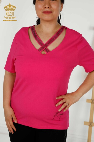 Wholesale Women's Blouse Collar Detailed Fuchsia - 79311 | KAZEE - Thumbnail