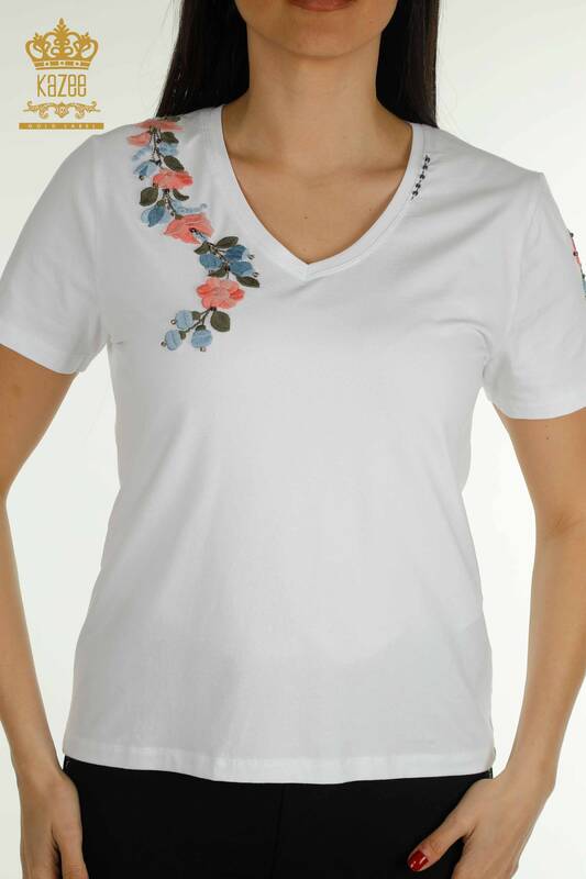 Wholesale Women's Blouse Colorful Flower Embroidered White - 79455 | KAZEE