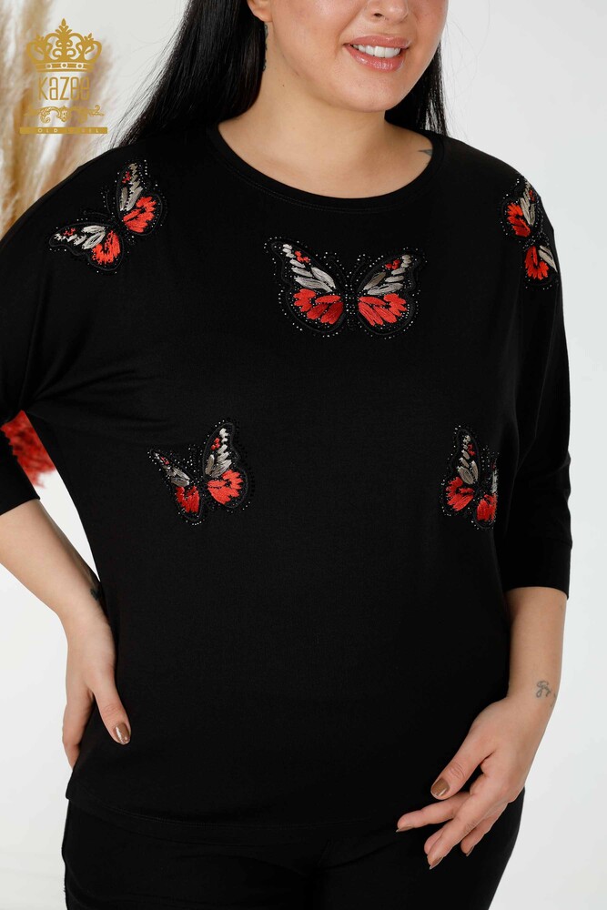 Wholesale Women's Blouse Colorful Butterfly Pattern Black - 77901 | KAZEE - 2