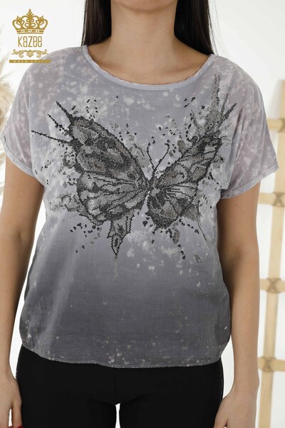 Wholesale Women's Blouse - Colorful Butterfly Pattern - Black - 79165 | KAZEE - Thumbnail