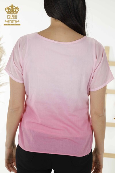 Wholesale Women's Blouse - Colorful Butterfly Pattern - Pink - 79165 | KAZEE - Thumbnail