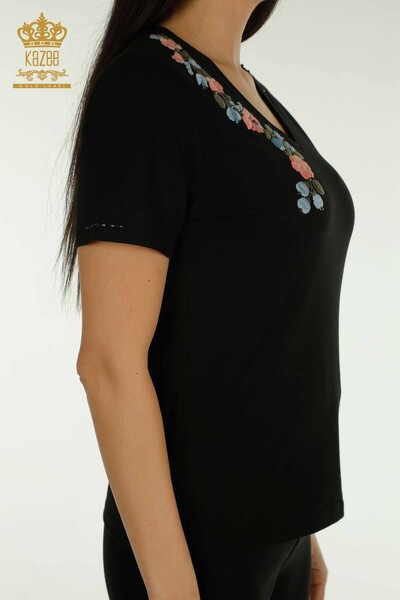 Wholesale Women's Blouse Colorful Flower Embroidered Black - 79455 | KAZEE - Thumbnail