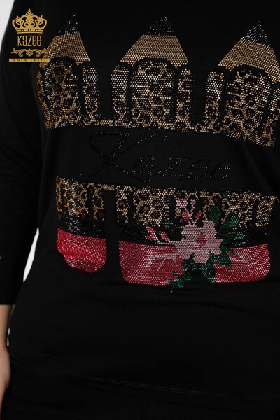 Wholesale Women's Blouse Colored Stone Embroidered Black - 77942 | KAZEE - Thumbnail