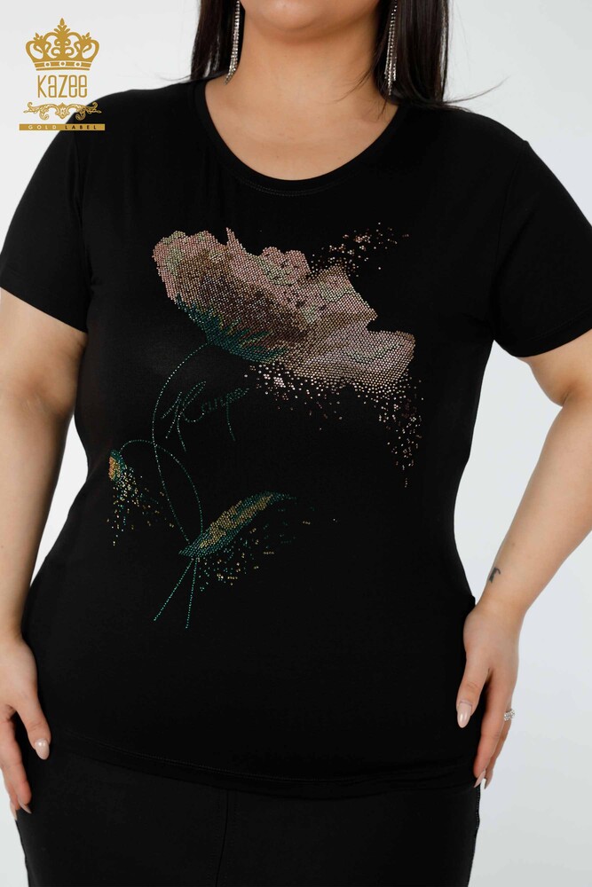 Wholesale Women's Blouse Colored Stone Embroidered Black - 78924 | KAZEE - 2