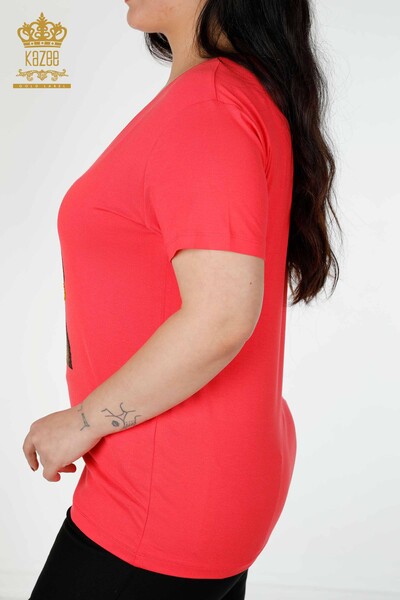 Wholesale Women's Blouse Colored Stone Embroidered Coral - 77874 | KAZEE - 5
