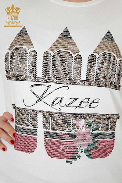 Wholesale Women's Blouse Colored Stone Embroidered Ecru - 77942 | KAZEE - Thumbnail
