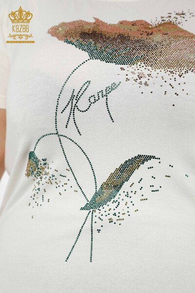 Wholesale Women's Blouse Colored Stone Embroidered Ecru - 78924 | KAZEE - Thumbnail