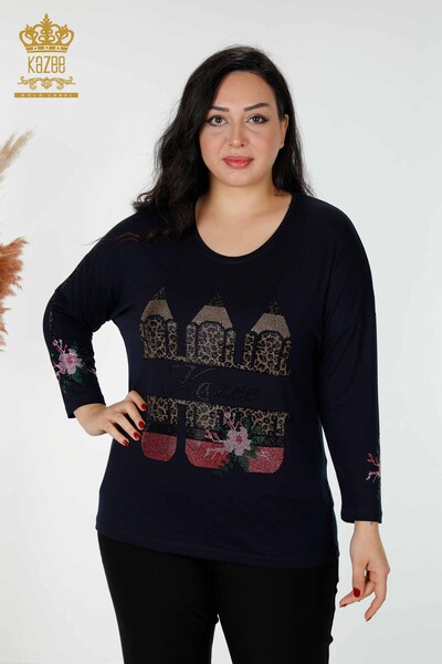 Wholesale Women's Blouse Colored Stone Embroidered Navy Blue - 77942 | KAZEE - Thumbnail