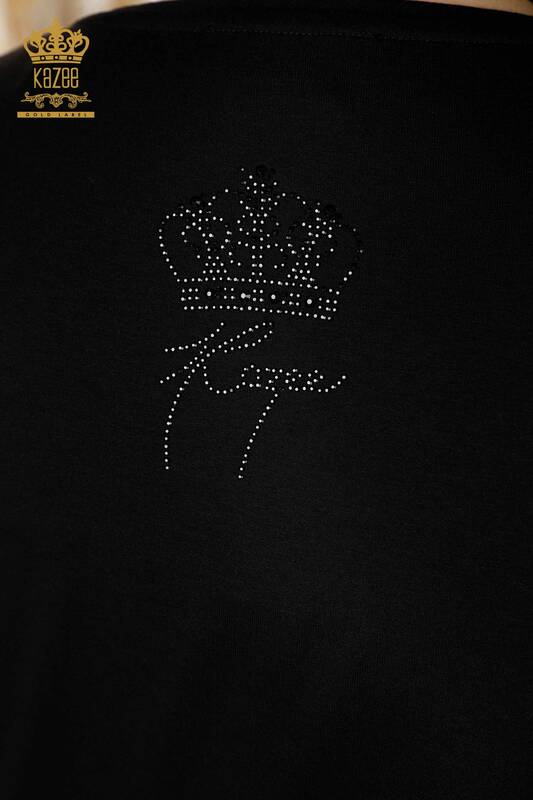 Wholesale Women's Blouse Crystal Stone Embroidered Black - 77935 | KAZEE