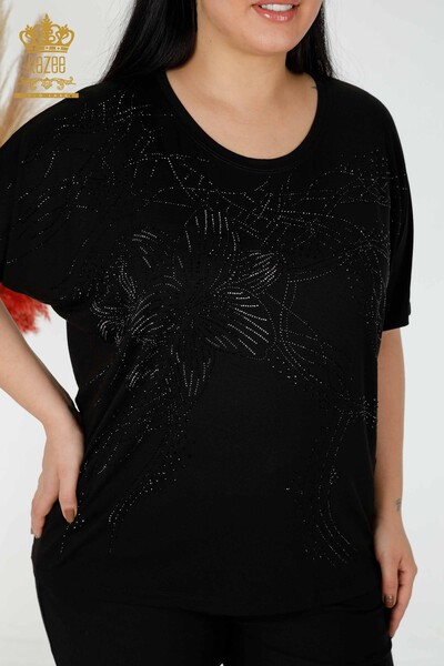 Wholesale Women's Blouse Crystal Stone Embroidered Black - 78835 | KAZEE - 2