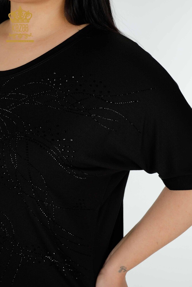Wholesale Women's Blouse Crystal Stone Embroidered Black - 78835 | KAZEE - 4