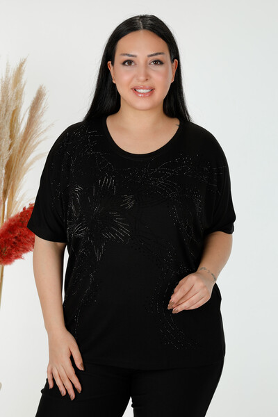 Wholesale Women's Blouse Crystal Stone Embroidered Black - 78835 | KAZEE - Thumbnail