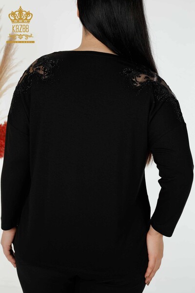 Wholesale Women's Blouse Crystal Stone Embroidered Black - 78911 | KAZEE - 6
