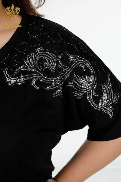 Wholesale Women's Blouse Crystal Stone Embroidered Black - 79055 | KAZEE - Thumbnail