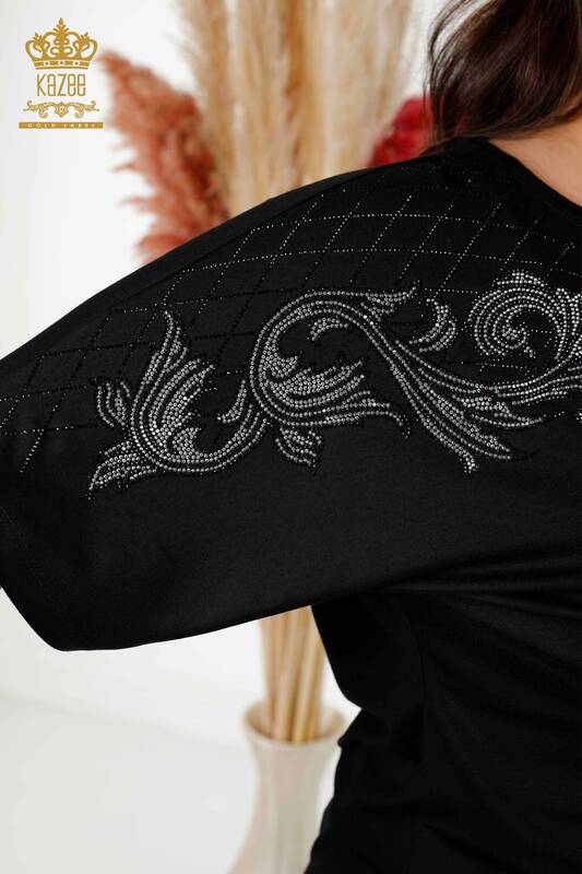 Wholesale Women's Blouse Crystal Stone Embroidered Black - 79055 | KAZEE