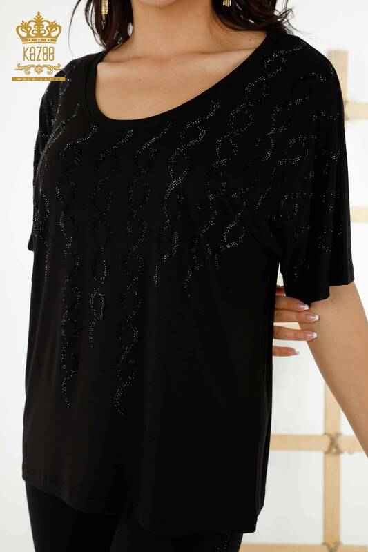 Wholesale Women's Blouse - Crystal Stone Embroidered - Black - 79069 | KAZEE