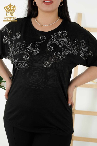 Wholesale Women's Blouse - Crystal Stone Embroidered - Black - 79125 | KAZEE - Thumbnail