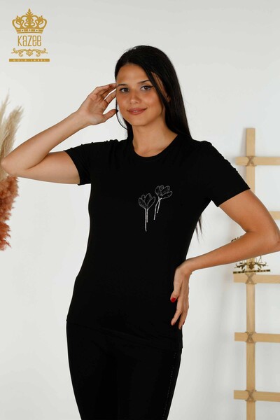 Wholesale Women's Blouse Crystal Stone Embroidered Black - 79354 | KAZEE - Thumbnail