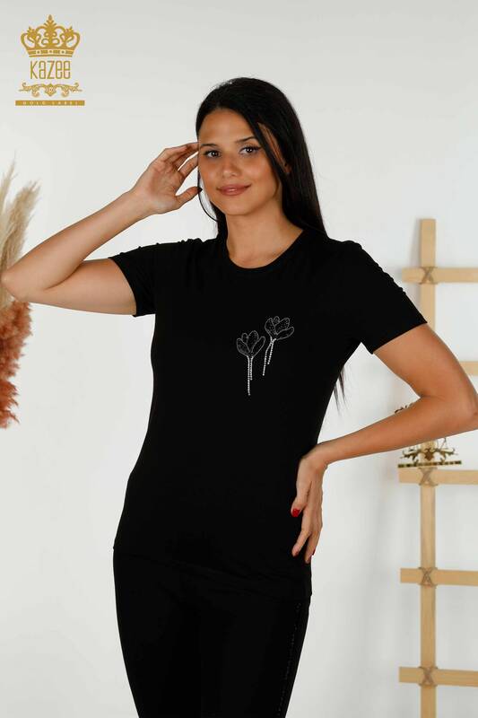 Wholesale Women's Blouse Crystal Stone Embroidered Black - 79354 | KAZEE