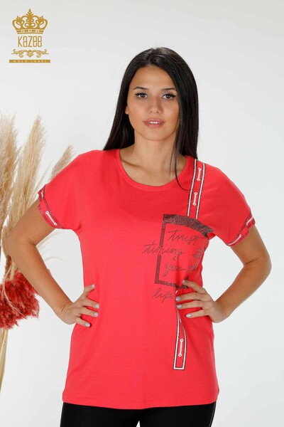 Wholesale Women's Blouse Crystal Stone Embroidered Coral - 78919 | KAZEE - Thumbnail