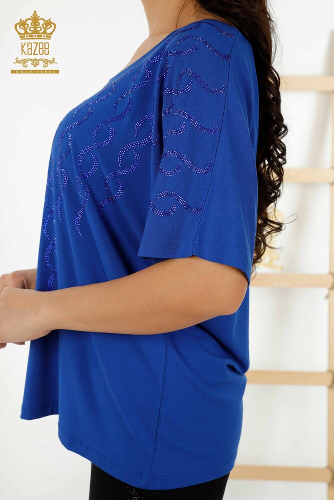 Wholesale Women's Blouse - Crystal Stone Embroidered - Dark Blue - 79069 | KAZEE - 6