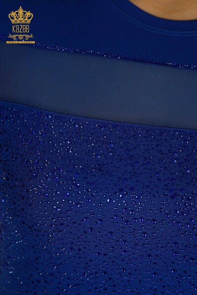 Wholesale Women's Blouse - Crystal Stone Embroidered - Dark Blue - 79101 | KAZEE - Thumbnail