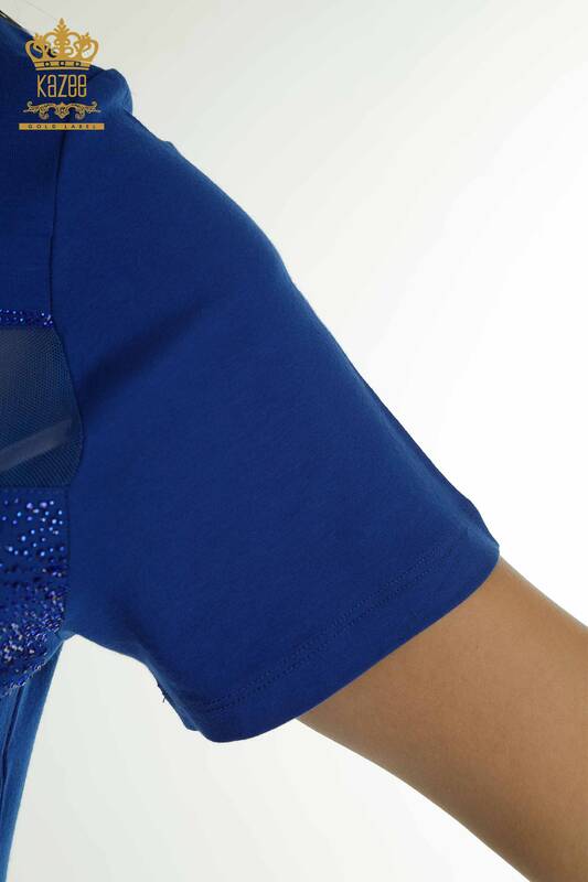 Wholesale Women's Blouse - Crystal Stone Embroidered - Dark Blue - 79101 | KAZEE