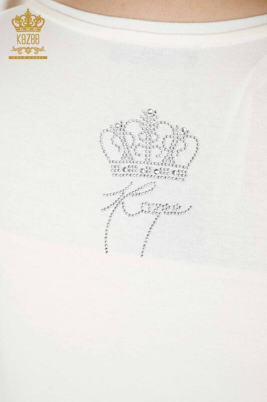Wholesale Women's Blouse Crystal Embroidered Ecru - 77935 | KAZEE