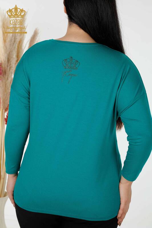 Wholesale Women's Blouse Crystal Embroidered Green - 77935 | KAZEE