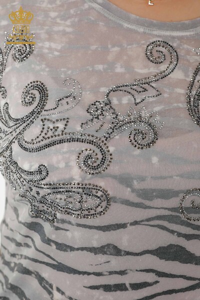 Wholesale Women's Blouse - Crystal Stone Embroidered - Gray - 79125 | KAZEE - Thumbnail