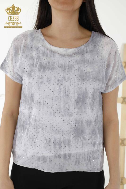 Wholesale Women's Blouse - Crystal Stone Embroidered - Gray - 79171 | KAZEE