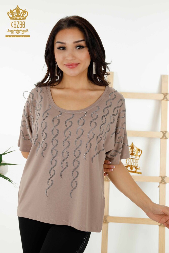 Wholesale Women's Blouse - Crystal Stone Embroidered - Mink - 79069 | KAZEE - 1