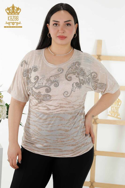Wholesale Women's Blouse - Crystal Stone Embroidered - Mink - 79125 | KAZEE
