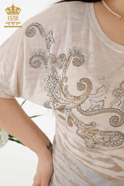 Wholesale Women's Blouse - Crystal Stone Embroidered - Mink - 79125 | KAZEE - Thumbnail