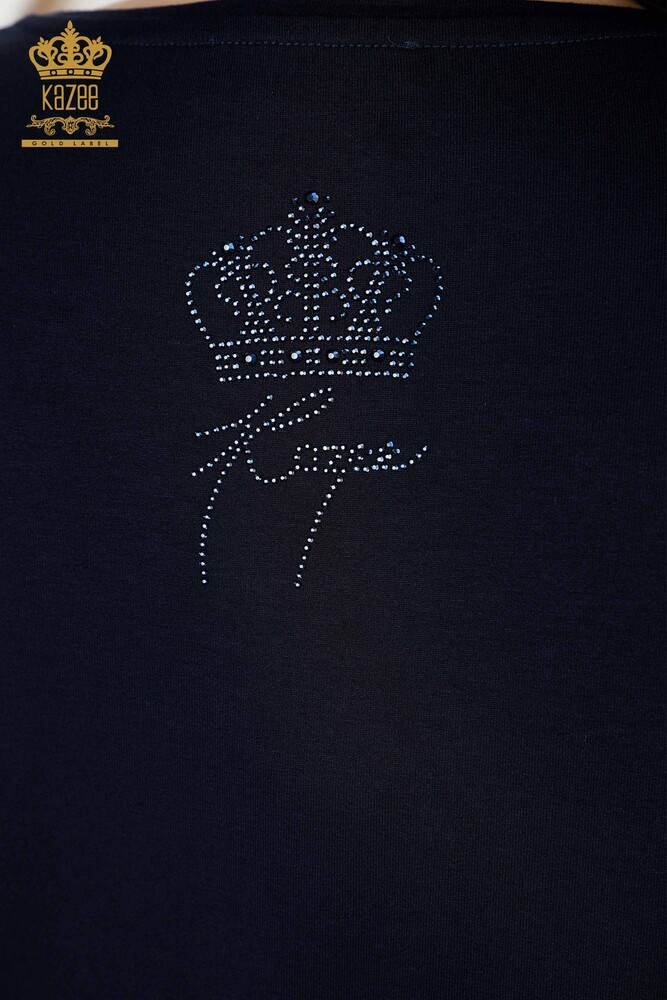 Wholesale Women's Blouse Crystal Stone Embroidered Navy Blue - 77935 | KAZEE - 4