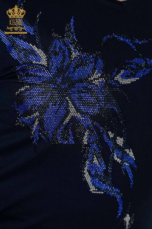 Wholesale Women's Blouse Crystal Stone Embroidered Navy Blue - 79048 | KAZEE