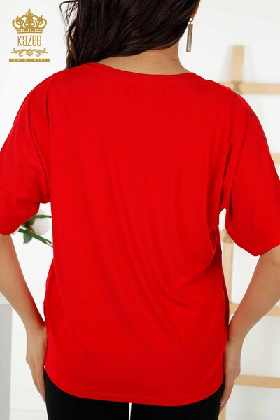 Wholesale Women's Blouse - Crystal Stone Embroidered - Red - 79069 | KAZEE - 6