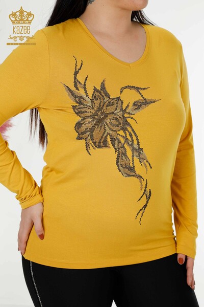 Wholesale Women's Blouse Crystal Embroidered Saffron - 79048 | KAZEE - Thumbnail