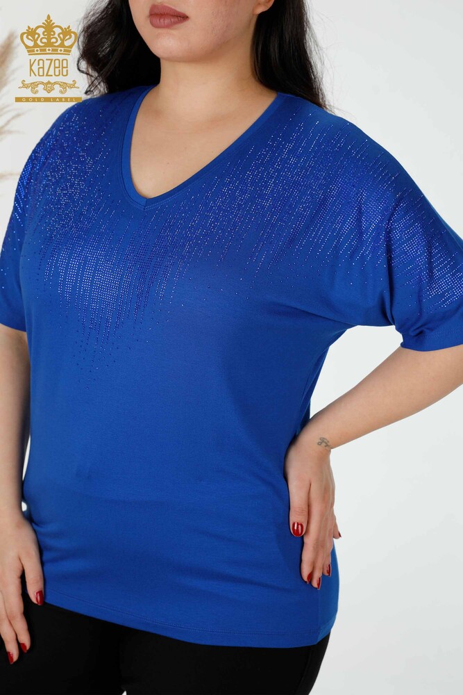 Wholesale Women's Blouse Crystal Stone Embroidered Saks - 77938 | KAZEE - 3