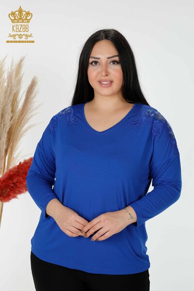 Wholesale Women's Blouse Crystal Stone Embroidered Saks - 78911 | KAZEE 